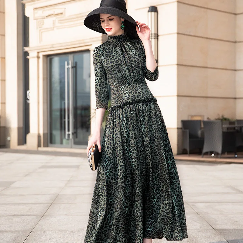 

Maxi Long Dress 2019 Spring Summer Women 3/4 sleeve ruffles Drawstring A-line Leopard Vintage Dresses Plus size M-4XL