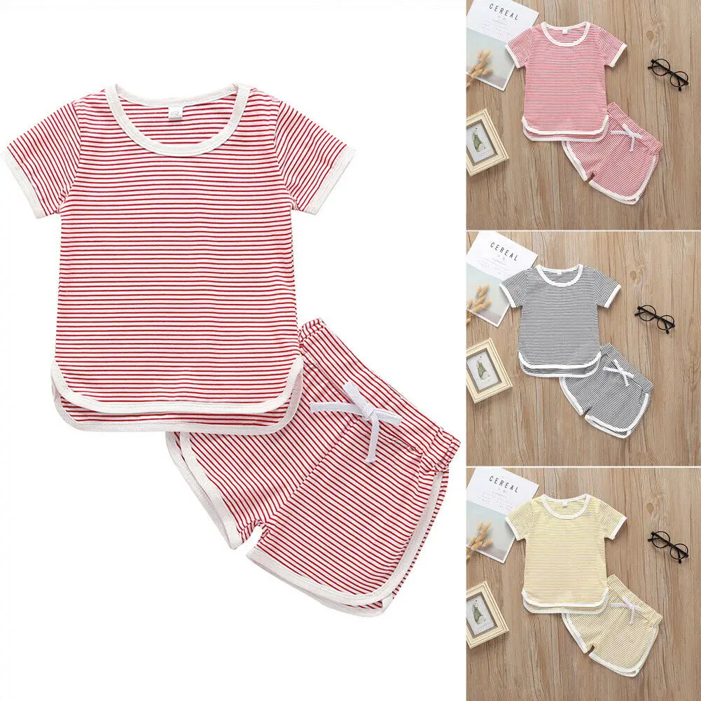 Коллекция года, комплекты для активных детей, для маленьких мальчиков и девочек летний спортивный костюм футболка из 2 предметов шорты со шнуровкой детская одежда в полоску хлопковая одежда От 0 до 6 лет