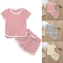 Коллекция года, комплекты для активных детей, для маленьких мальчиков и девочек летний спортивный костюм футболка из 2 предметов шорты со шнуровкой детская одежда в полоску хлопковая одежда От 0 до 6 лет