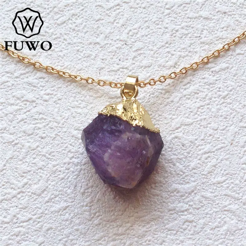 

FUWO Hand-Knapped Irregular Quartz Stone Necklace With 24K Gold Filled Genuine Pink Quartz Amethysts Agates Boho Necklace NC056