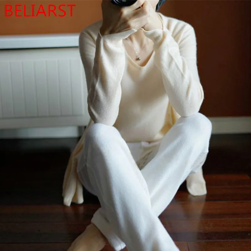 

BELIARST 18 Spring and Autumn New Women's Two-Piece Cashmere Sweater Women's Shawl Cardigan Vest Solid Color Casual Suits