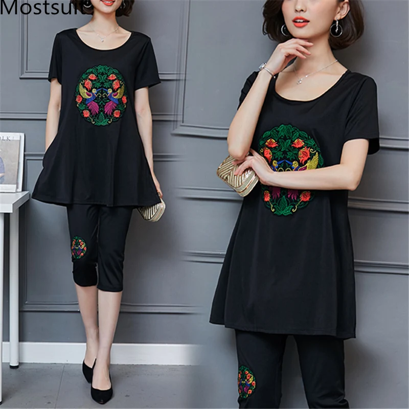 

Summer Black Two Piece Sets Women Plus Size Embroidery Short Sleeve Long Tops And Cropped Pants Sets Suits Vintage Women's Sets