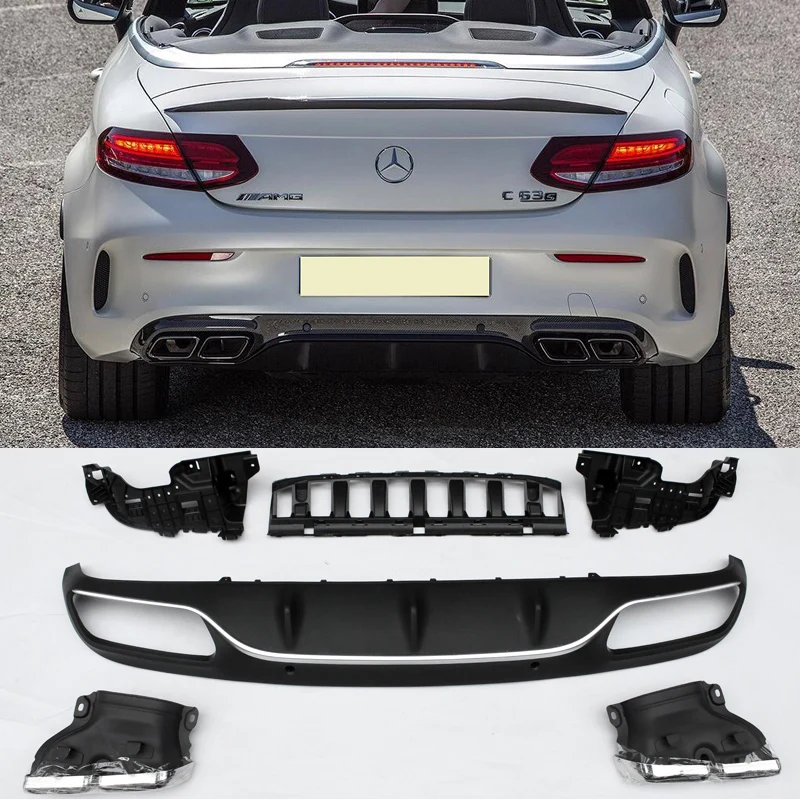 

C63-S Style ABS Bumper Diffuser Lip Spoiler add tail pipe Fit For BENZ W205 C180 C200 C220 C300 Sport