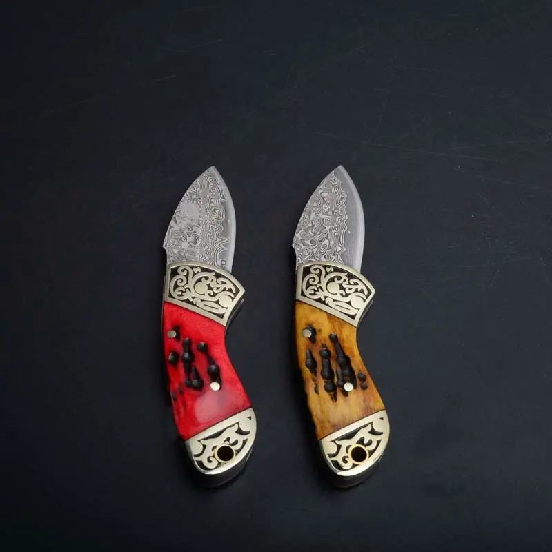 Hysenss небольшой дамасский тактический складной нож из дерева и кости с медной ручкой для кемпинга, охоты, выживания, карманный инструмент для повседневного использования