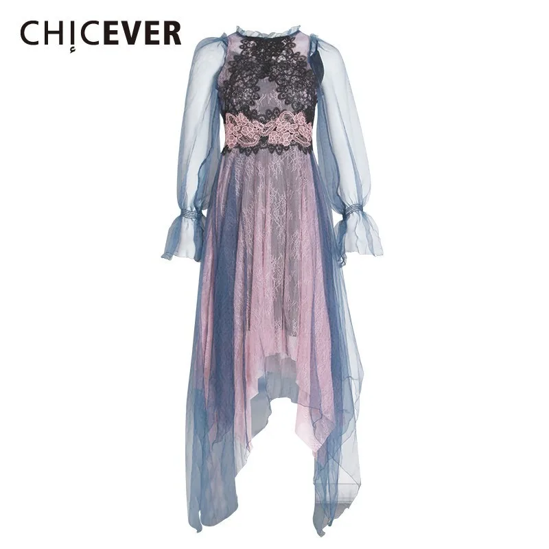 

CHICEVER Summer Elegant Patchwork Hit Color Mesh Embroidery Dress For Women O Neck Flare Sleeve High Waist Asymmetrical Dresses