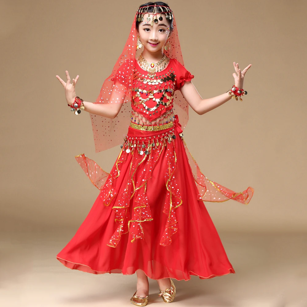 Танец живота костюмы для восточных танцев танцевальный Детский костюм для танца живота, комплекты Детские Болливуд Индии для занятий танцами; костюмы для сцены; 6 шт./компл - Цвет: Red