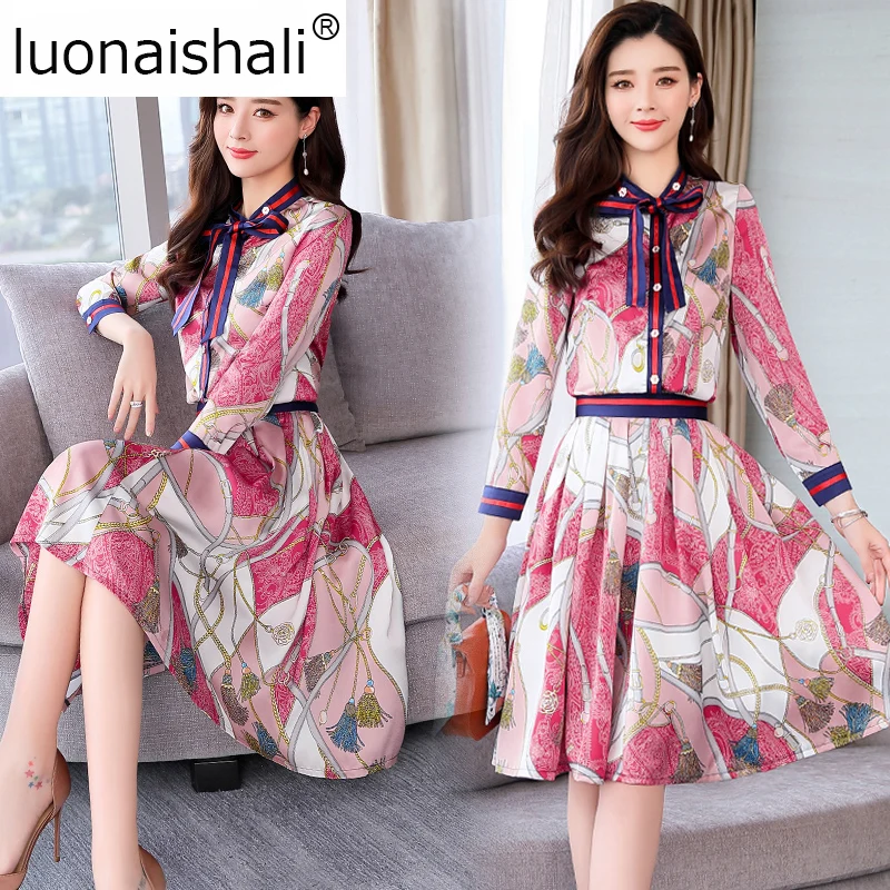 

2019 Women Vintage Print Flowers 2 Pieces Set Long Sleeve Bow Bandage Slim Blouses Tops+Skirts Fashion Elegant Clothes Set H099