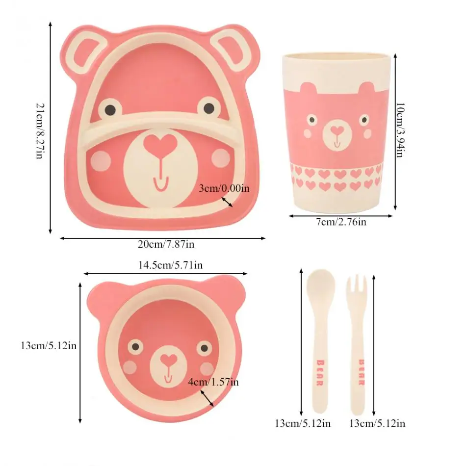 5 шт./компл. бамбуковое волокно детская посуда набор с милым мультипликационным принтом для детских бутылочек, набор тарелок чаша ложка Вилка детская посуда столовая посуда
