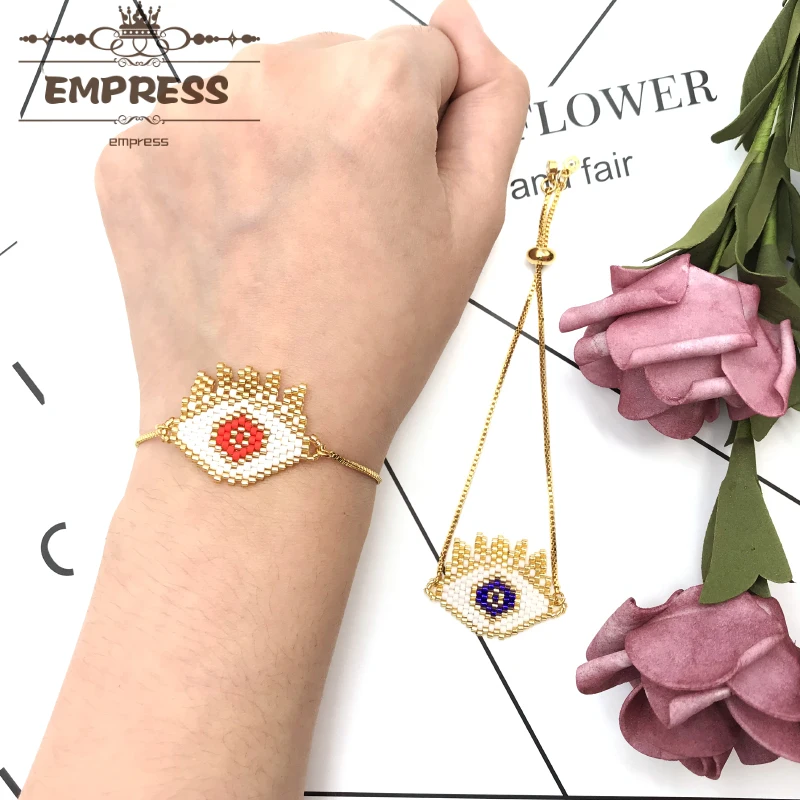 

2018 Empress New Fashion Lucky Woman Ethnic Turkey Evil Eyes Headmade Miyuki Beads Adjustable Gold Chain Bracelets For Gift