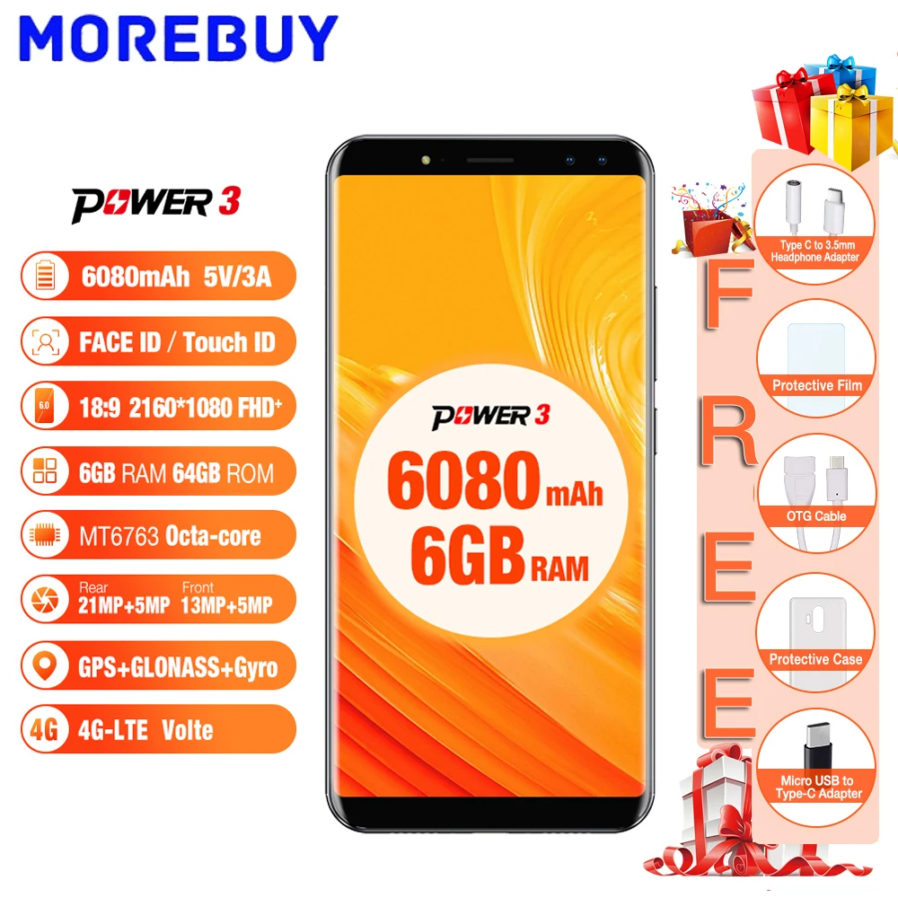 Ulefone Мощность 3 6.0 &quot18:9 FHD Мобильные телефоны 64 ГБ Встроенная память 6 Оперативная