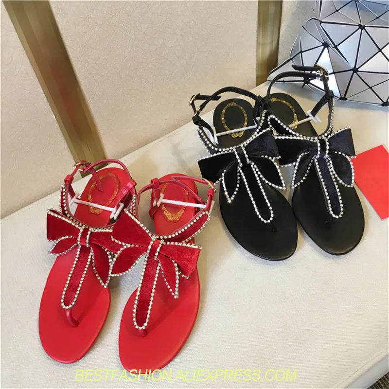 

Red Black Women Summer Shoe Slip On Sandals Brand Crystal Slipper Sweet Butterfly Knot Flip Flops Sandal Women Flat Casual Shoes