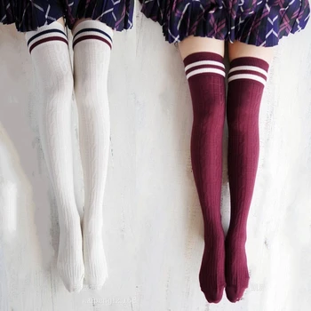 

3 Pairs/Lot Hot Cotton Thigh Highs Socks Women Plus Size Over Knee Socks Long Leg Warmers meias Black Striped hose Wholesale