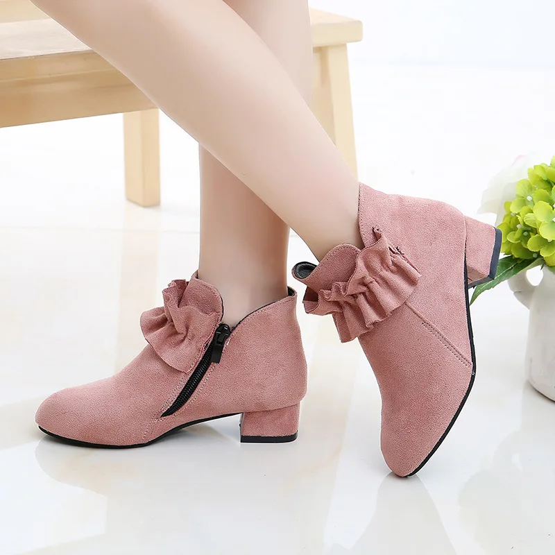 Модная обувь для девочек; ботильоны; теплая детская обувь; сезон осень-зима; детская обувь; ботинки для девочек; обувь принцессы на высоком каблуке; цвет черный, красный, розовый - Цвет: Розовый