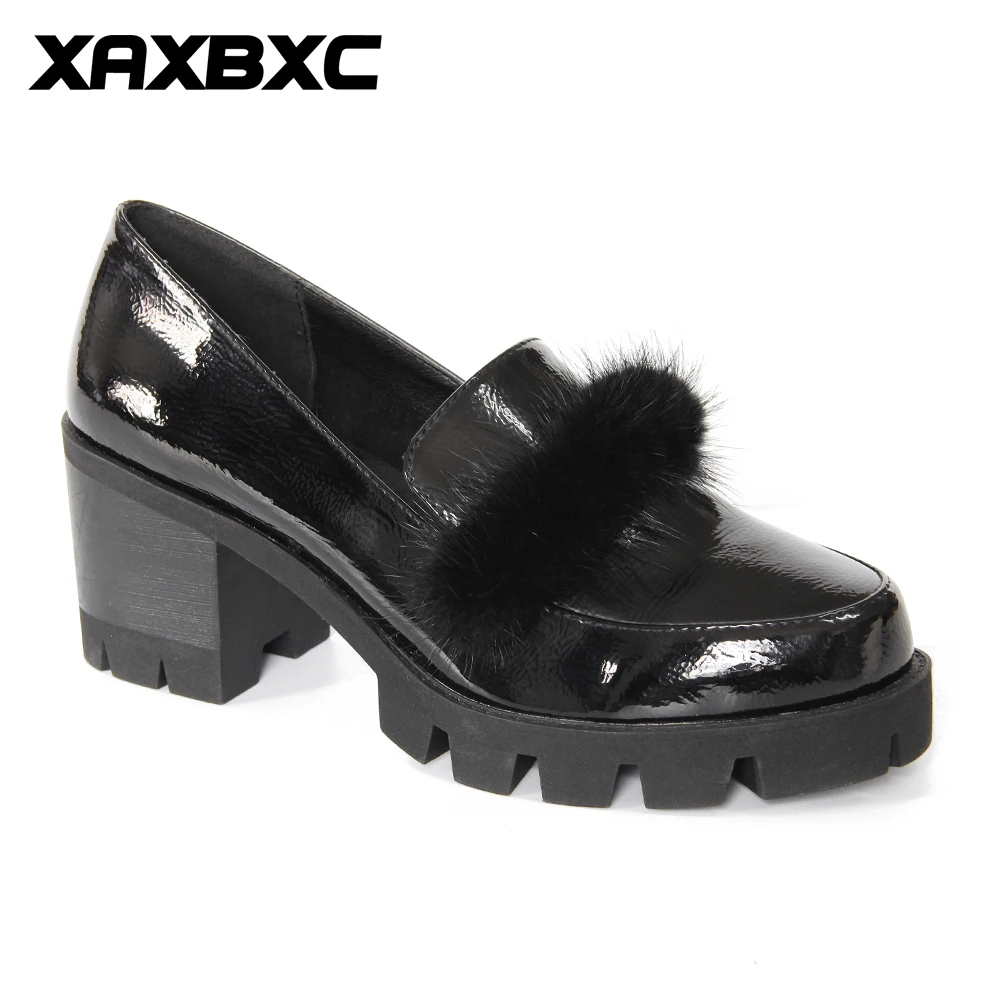 

XAXBXC 2018 Retro British Autumn Thick Heel Pumps PU Leather Fluff Ball Shallow Oxfords Women Shoes Handmade Casual Lady Shoes
