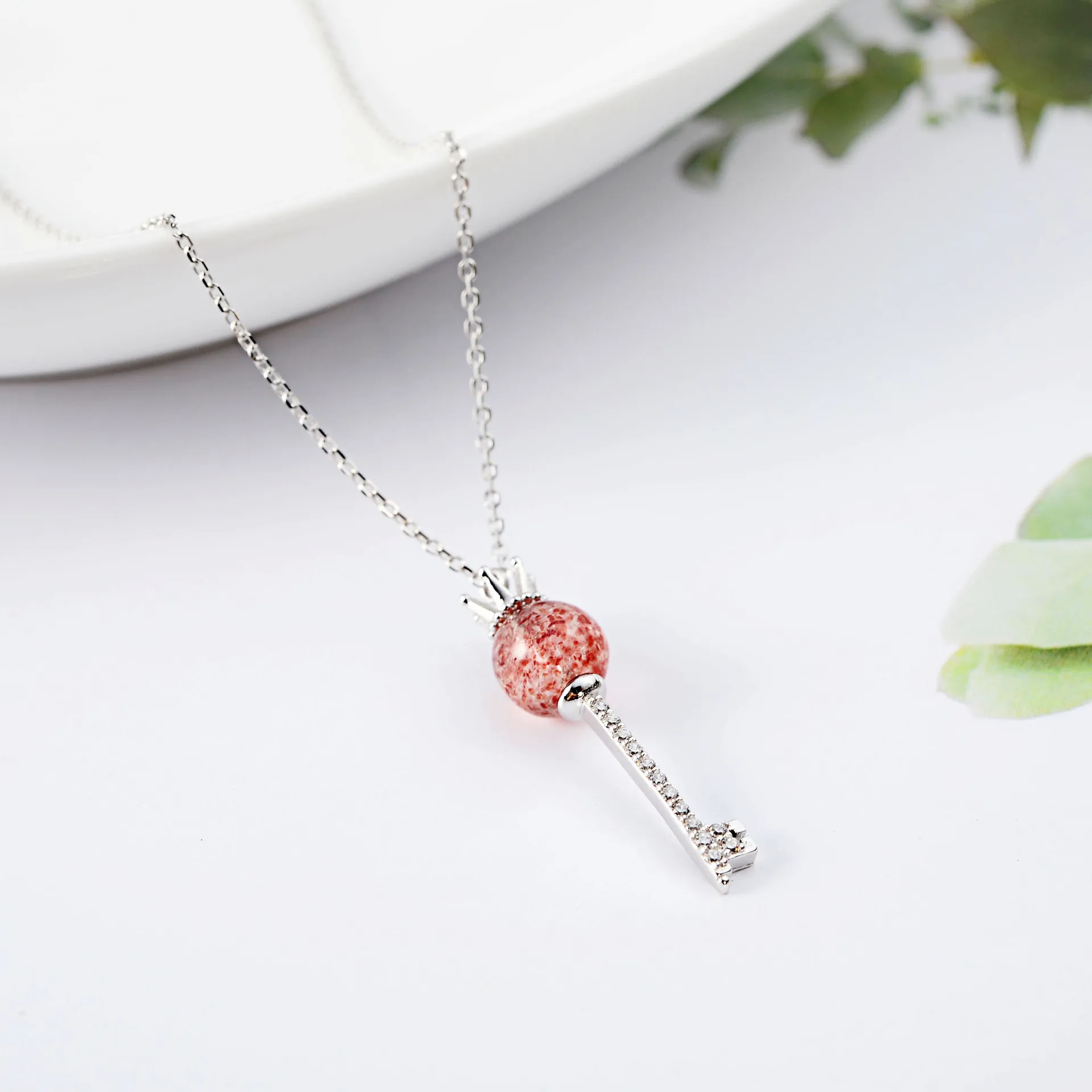 strawberrycrystal key mini zircon necklace women 100% 925 Sterling silver nacklace Jewellery Clavicle chain pendant charms gift