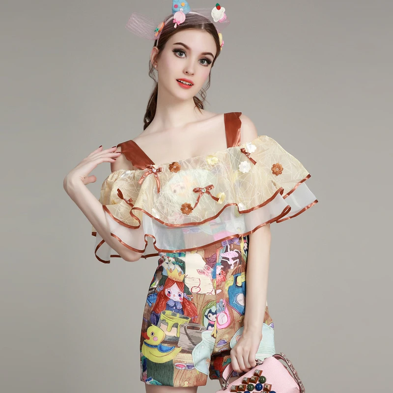 

Brand Runway Designer Cartoon Colorful Paint Summer Beach Cute Jumper Shorts Organza Flowers Pearl Bows Jumpsuits Rompers NS132