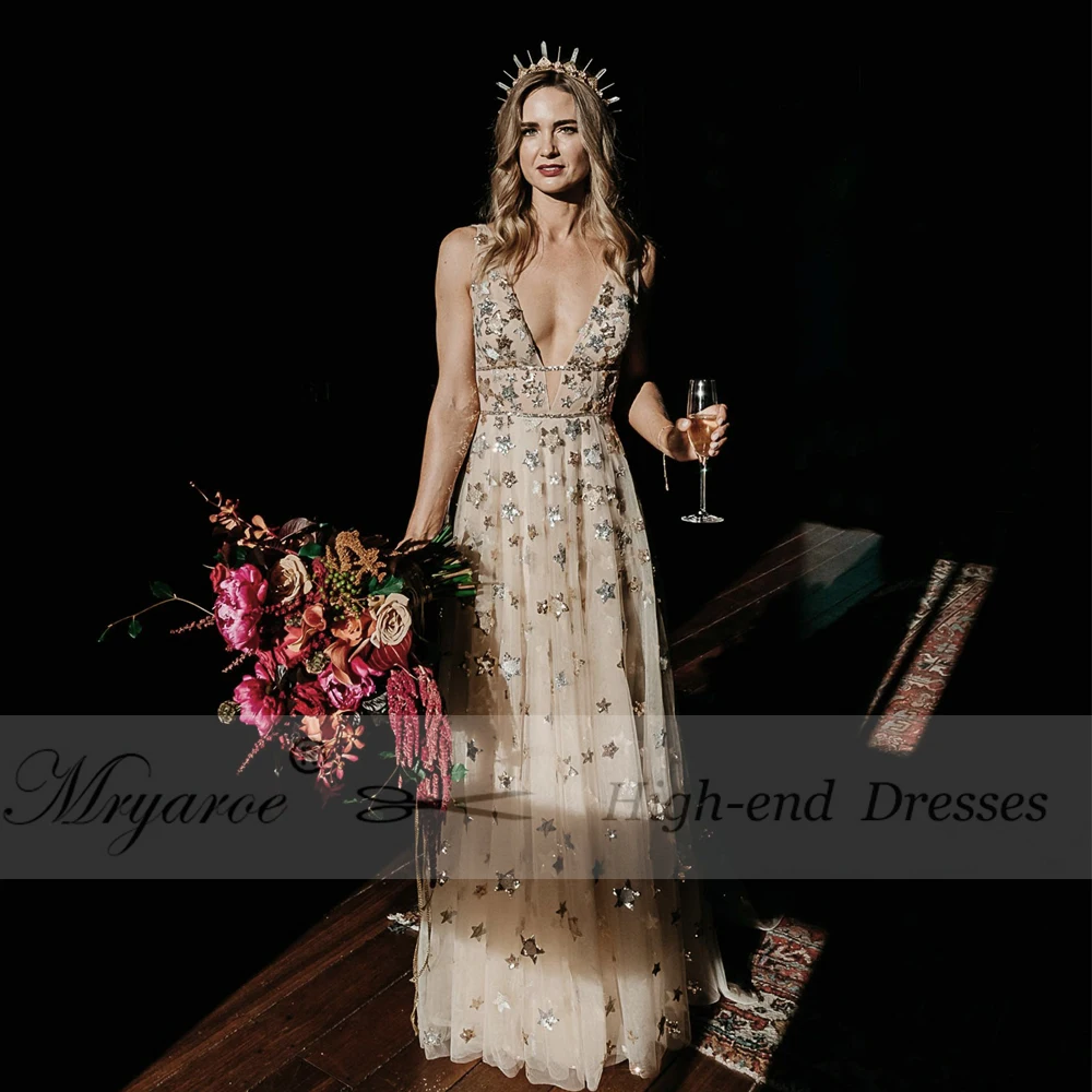 Mryarce Новое блестящее Золотое свадебное платье с глубоким вырезом без рукавов с открытой спиной Свадебные платья