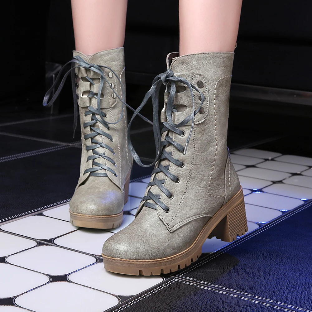 Karinluna/Лидер продаж, новые зимние ковбойские ботинки на шнурках, большие размеры 34-43 Женская обувь женские ботинки на толстом каблуке
