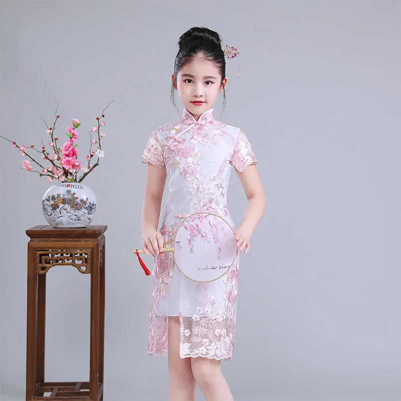 Новое Детское свадебное китайское винтажное платье Ципао, красное атласное платье с цветочной вышивкой и кисточками - Цвет: color1