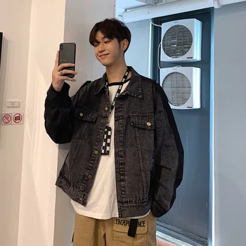 

2019 Spring Men's Patchwork Fabric Cowboy Denim Streetwear Bomber Jacket Loose Male Cotton Coats Fashion Black/blue Windbreaker