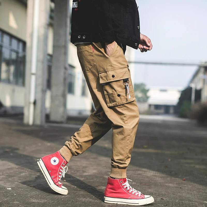 

2019 Multi Pockets Pants For Men Khaki Black Korean Fashion Male Cargo Pants Drawstring Hip Hop Trousers Military Work Pants