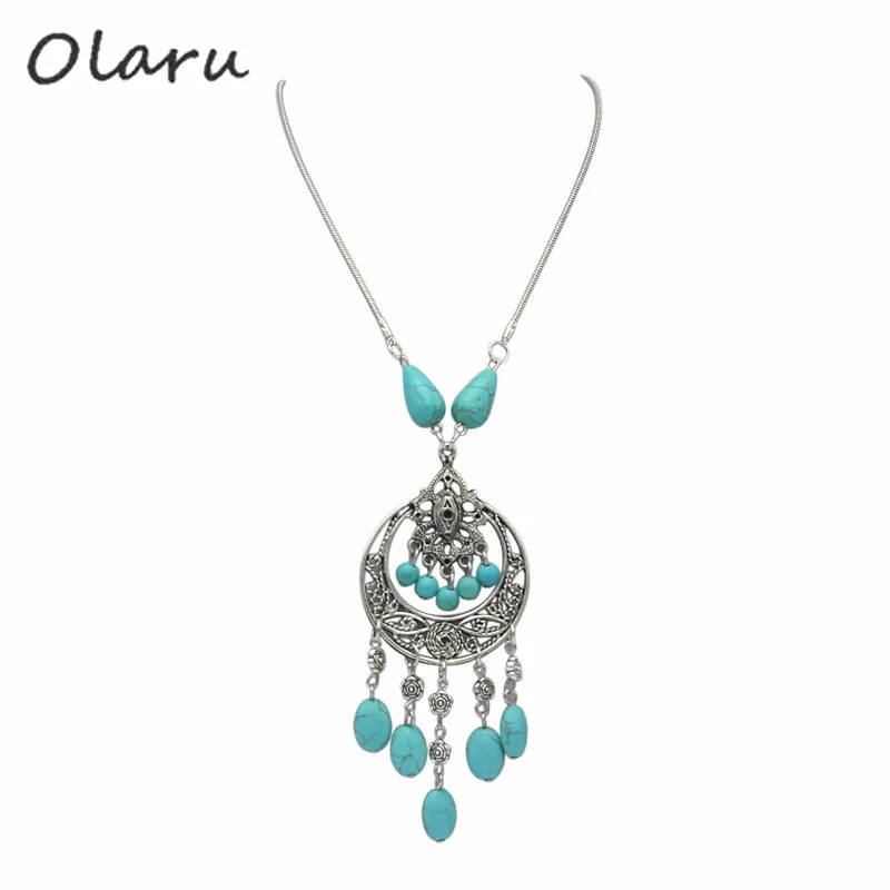 Olaru Brand Vintage Jewelry Natural Stone Bead Flower Pendant Maxi Neckalce Ethnic Long Choker Necklaces For Woman Accessories | Украшения