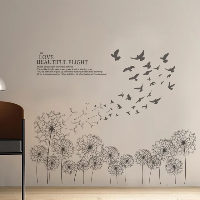 black dandelion flying with birds wall stickers living room wall
