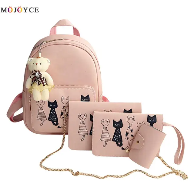 4Pcs/Set Small Backpacks female School Bags For Teenage Girls Black Pink PU Leather Women ...