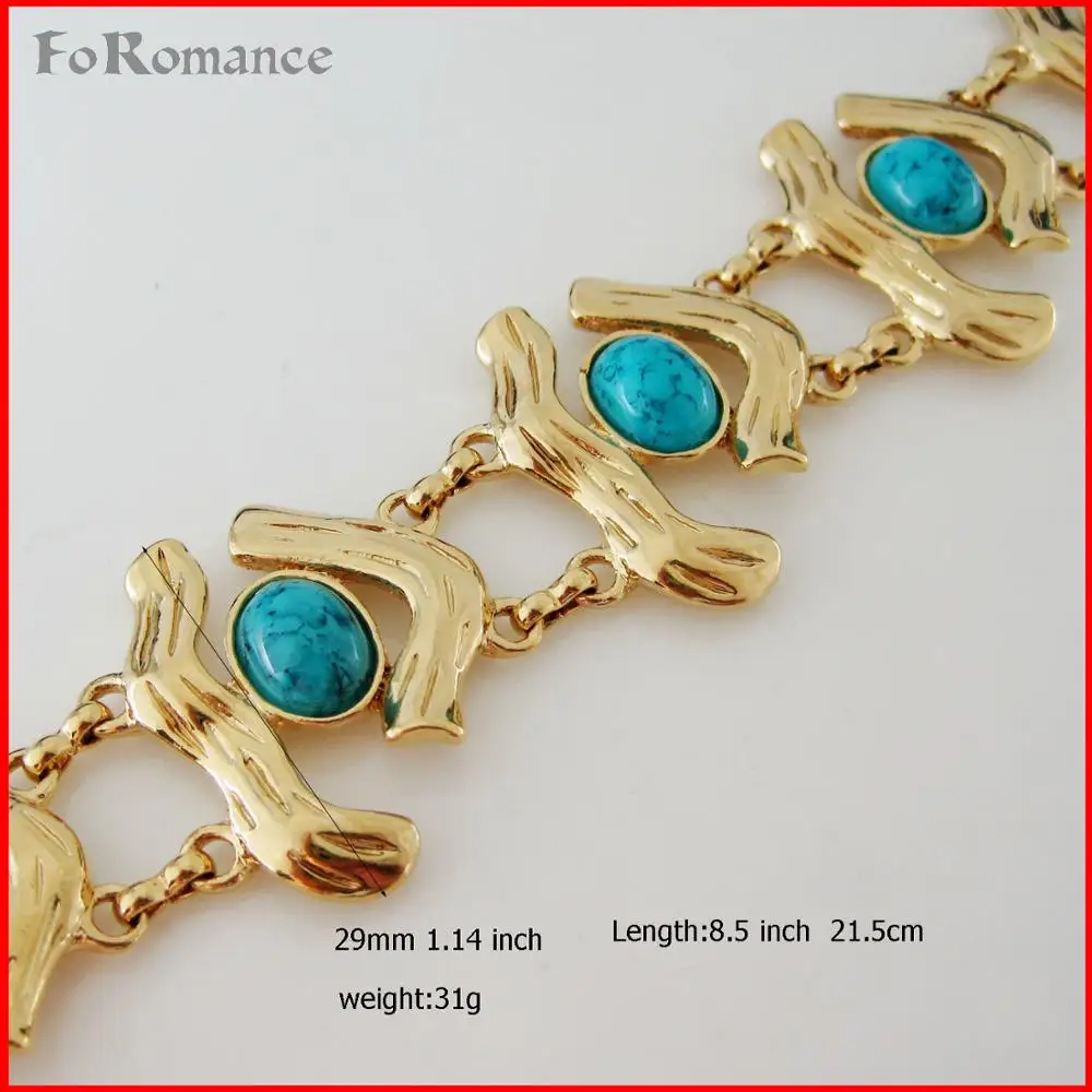

FOROMANCE/ 8.5" LADY - YELLOW GOLD GP OVERLAY HAPPY FACE SHAPED BLUE STONE BEADS LINK BRACELET WITH BIG WIDTH 29MM
