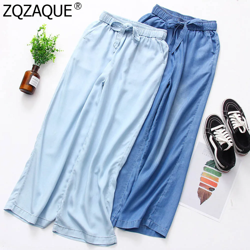 

New Fashion Wide Leg Long Pants Women's Spring Summer Autumn Tencel Denim Trousers Sashes Girls High Waist Thin Ice Silk Pants