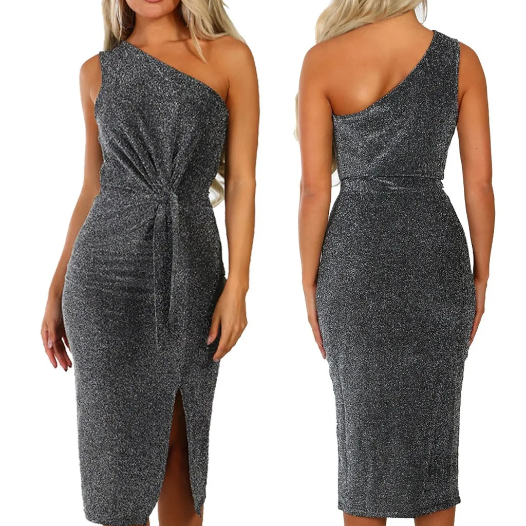 Sparkly Bodycon Slit Evening Party Midi Dress Sexy Womens Shouder party