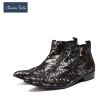 Christia Bella острый носок ботильоны для мужчин модный принт для мужчин рок сапоги и ботинки для девочек молния сбоку черного, золотого цвета в горошк