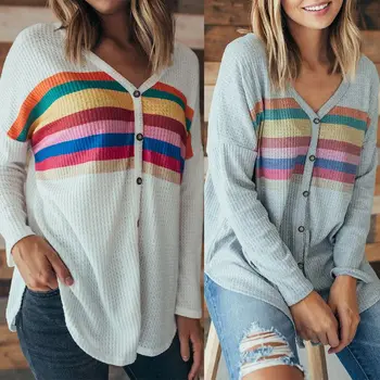 

2019 Autumn Women Rainbow Cardigan Casual V Neck Long Sleeve Tops Lady Spring Single Breasted Button Loose Oversized Slim Coat