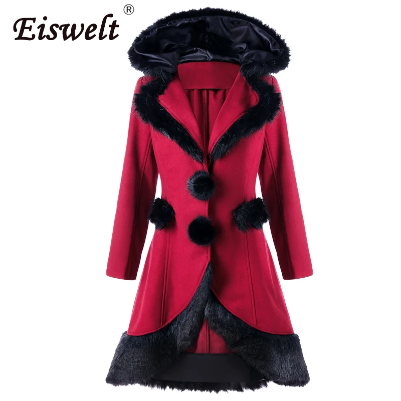 

EISWELT New Vintage Christmas Solid Wool Blend Winter Wool Coat Women Outerwear & Coats Hooded Fur Jacket Coat Back Lace Up