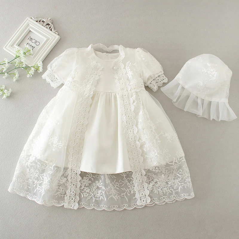 

Christening Dress 3 Pcs/Set Baptism Gown with Bonnet Hat Embroidered Lace Cape Newborn Baby Formal Dress Long Occasion Wear A015