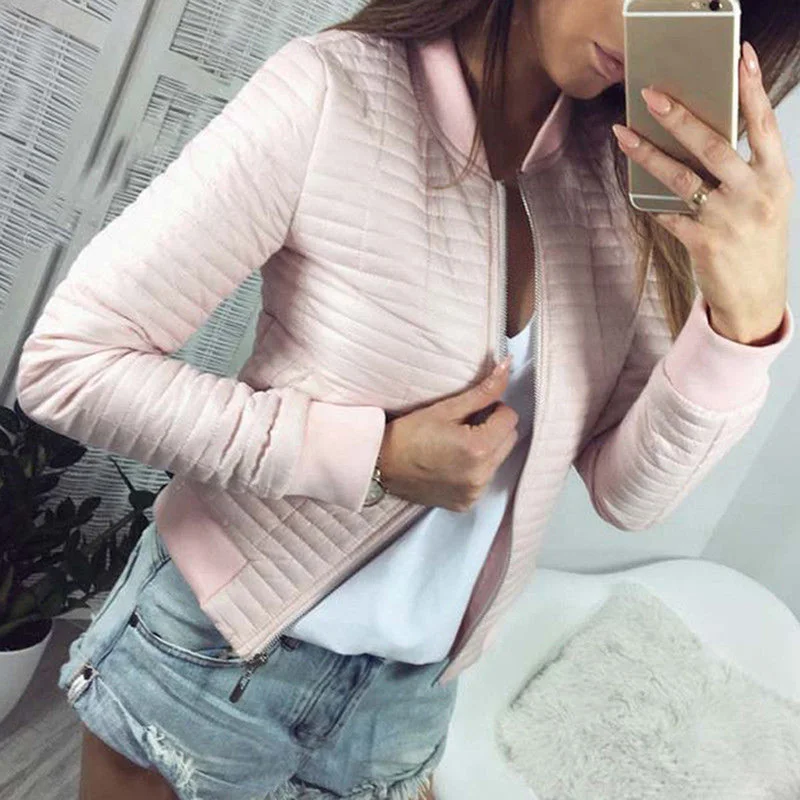 Long Sleeve Stand Collar Zipper Cardigan Women Jackets Black Basic Bomber Short Jacket Spring Autumn Slim Coat Ladies - Цвет: Розовый