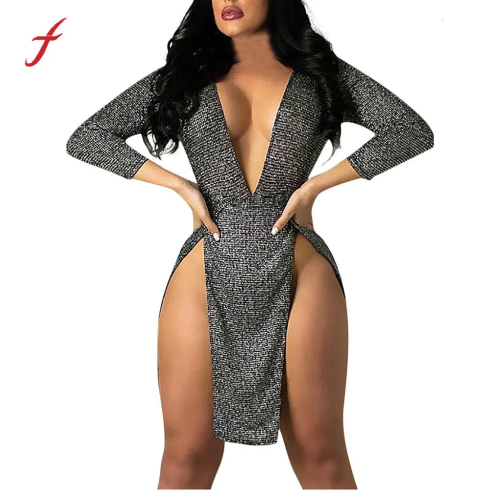 

Feitong Bodycon Dress Sexy Women Deep V-Neck Bandage Sexy Slim Fit Solid Party Club Split Hem Dresses Woman Party Night Vestidos