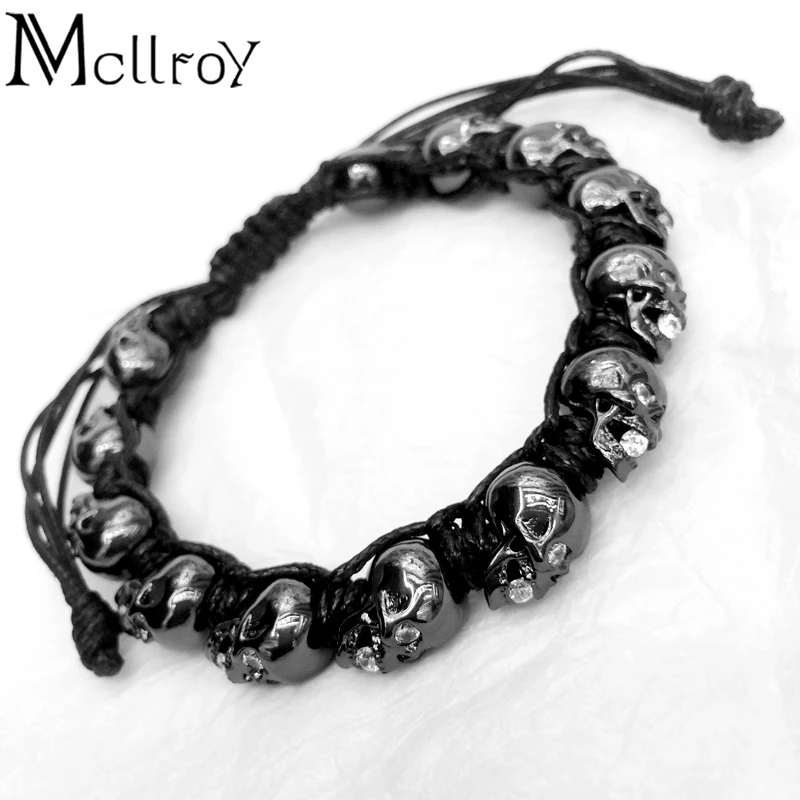 

Mcllroy Skull bracelet Men jewelry Punk Braided bracele Skeleton Nature stone Zircon mosaic copper Shell Colorful erkek bileklik