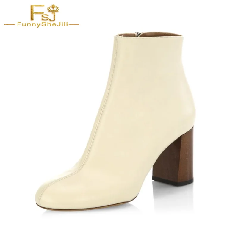 FSJ Fashion White Autumn Womens Leather Booties High Block Heels Round ...