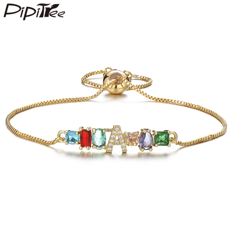

Pipitree Irregular Cubic Zirconia Crystal Bracelet Adjustable Chain Alphabet Letter Initial Charm Bracelets for Women Jewelry