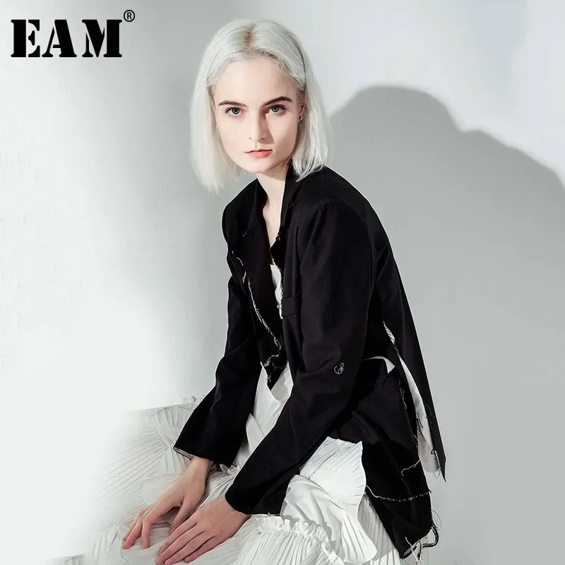 

[EAM] 2019 New Autumn Winter Lapel Long Sleeve Black Personality Burr Irregular Cut Loose Jacket Women Coat Fashion Tide JS523