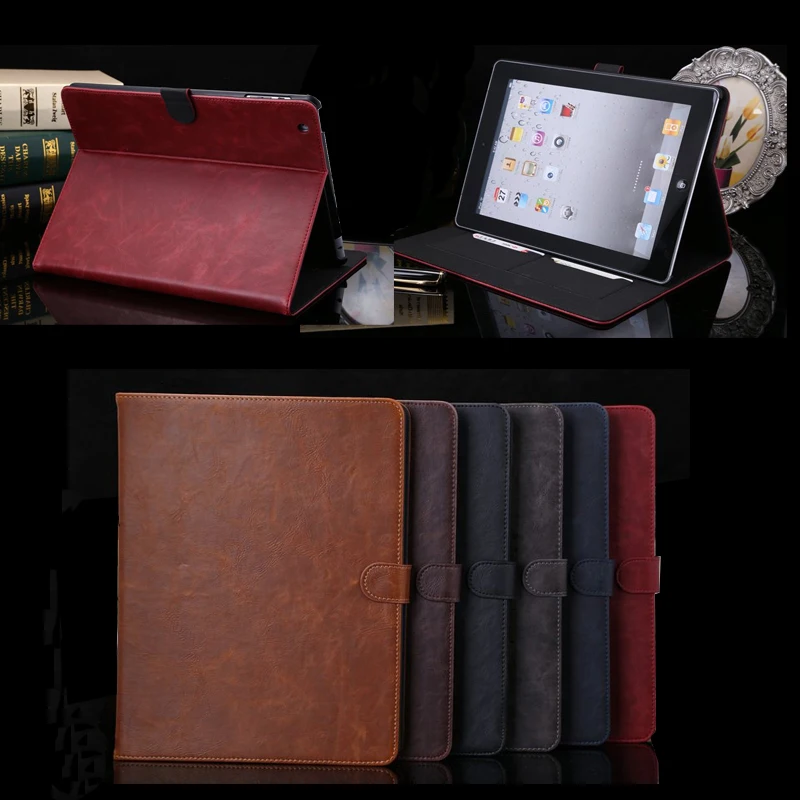 Hot Sale TOP HQ Gold Crazy Horse Smart Case For iPad 2 3 4 Cover Stand Tablet books case Designer Leather Cover For Apple ipad 4