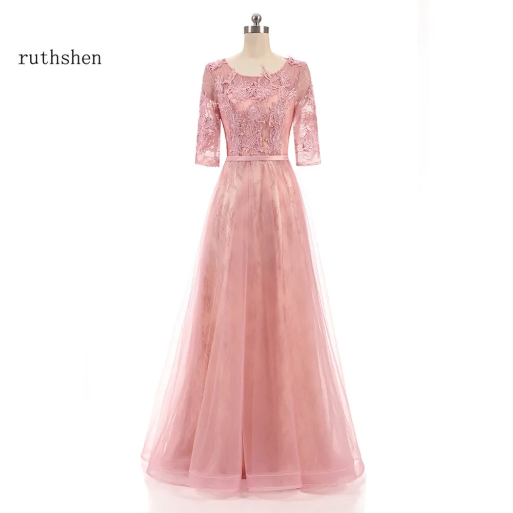 

ruthshen Pink Evening Long Dress Lace Tulle 3/4 Sleeves Appliques Elegant Formal Prom Dresses 2018 New Womens Evening Gownsc
