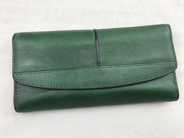 Vintage Designer Genuine Leather Women's Clutch Purse Cow Skin Blackish Green Female Large Trifold Wallet Lady Long Card Wallet