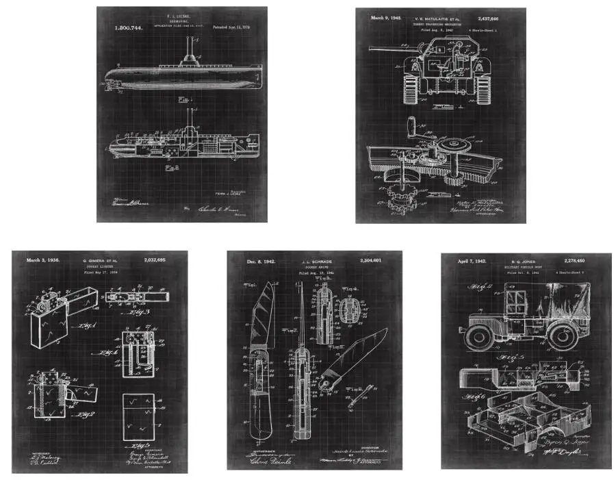 Винтажный большой патент в мировой войны подводная лодка Танк Зажигалка нож джип Плакат Набор 5 в 1/Патентное искусство/образовательное искусство/винтажное искусство - Цвет: black grid