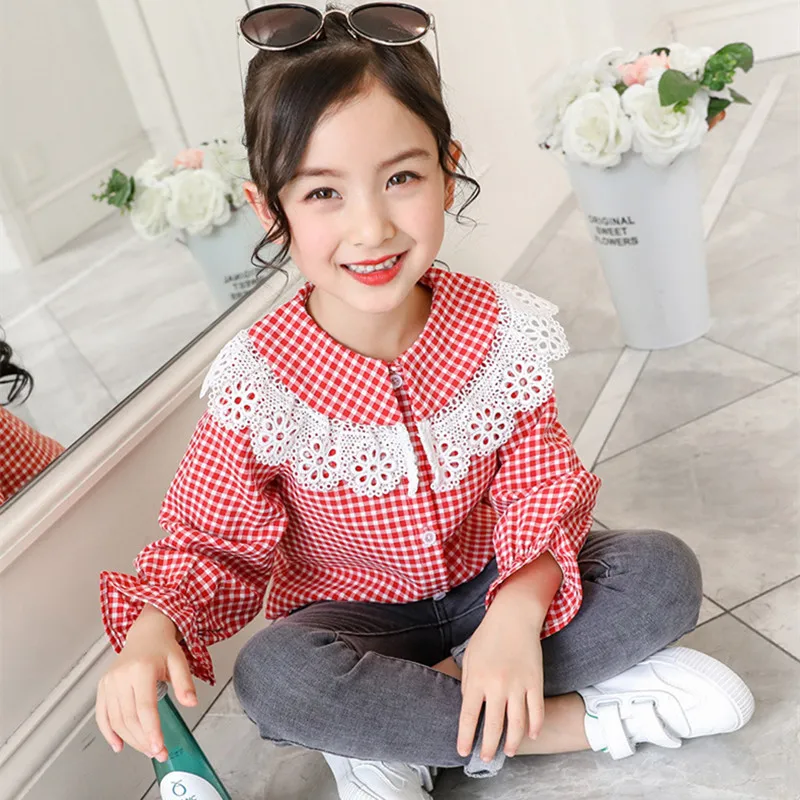 

DFXD Teen Girls Blouses 3-14Yrs Spring Children Clothing Long Sleeve Plaid Lace Peter Pan Collar Girls Shirts Kids Fashion Tops