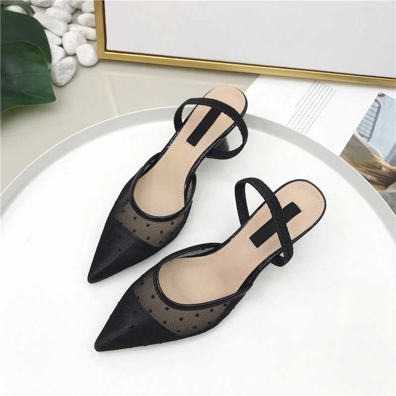 

Mesh Pointed Toe Women Sandals Slippers Office Lady Polka Dot Elegant Fashion Summer Woman Slippers 2019 Ladies Chic Shoes