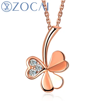 شراءZocai الماركة ارتفع الذهب محظوظ البرسيم 18 كيلو 0.06 Ct Certified Diamond قلادة مع 925 الفضة الاسترليني سلسلة Nacklace D00221