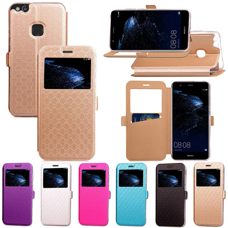 

ZEALLION For Huawei P8 P9 P10 P20 Lite Honor 4A 5c 6x Y5II Nova Case Rhombus PU Leather Window View Card Slot Flip Stand Cover
