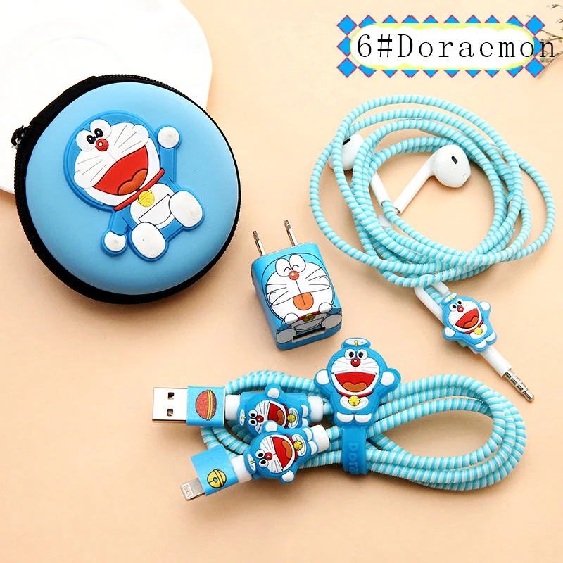 RACAHOO Cartoon USB Cable Earphone Protector Case Set With Cable Winder Stickers Spiral Cord Protector For iphone 5 6 6s 7plus6